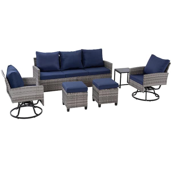 JUSKYS 6-Piece All-Weather Gray Wicker Patio Furniture Conversation Set with Navy Cushions for Garden, Poolside, Balcony