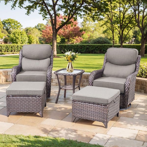 NovaSwivel Brown 5-Piece Wicker Patio Conversation Set Outdoor Swivel Glider with 6 in. Thick Gray Cushions and Ottoman