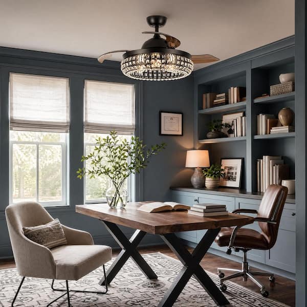 42 in. Indoor Modern Black Retractable 3-Blade Crystal Ceiling Fan Chandelier with Light Kit and Remote Control