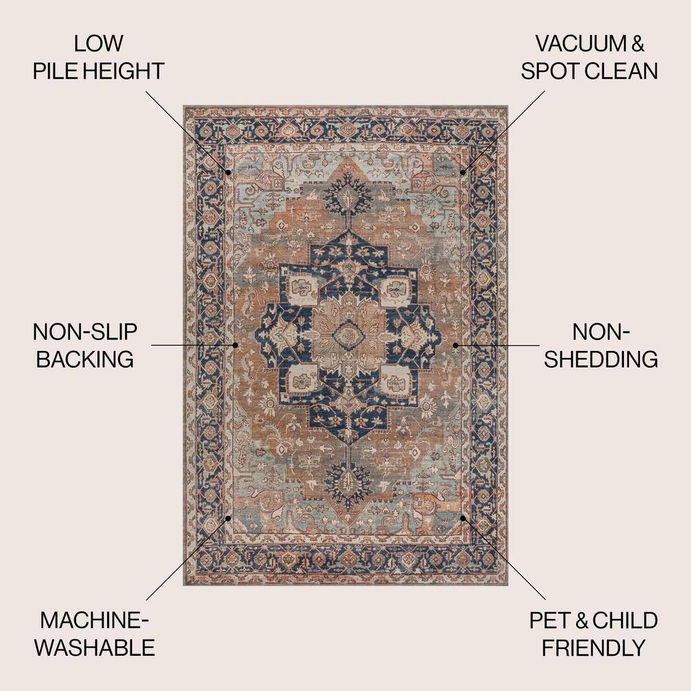 Maris Ornate Medallion Machine-Washable Beige and Blue Chenille Area Rug