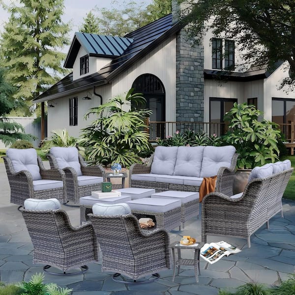 Gray 12-Piece Wicker Outdoor Patio Conversation Seating Sofa Set with Gray Cushions and Swivel Rocking Chairs