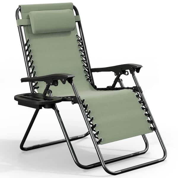 Sage Green Zero Gravity Chairs, Metal Outdoor Lawn Chair with Pillow and Cup Holder Tray