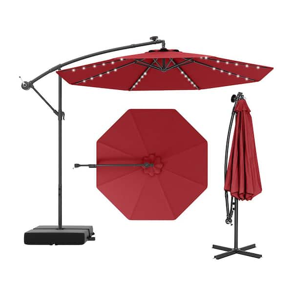 10 ft. Metal Patio Umbrella Offset Cantilever Patio Umbrella with 40 Solar Powered Lights in Red