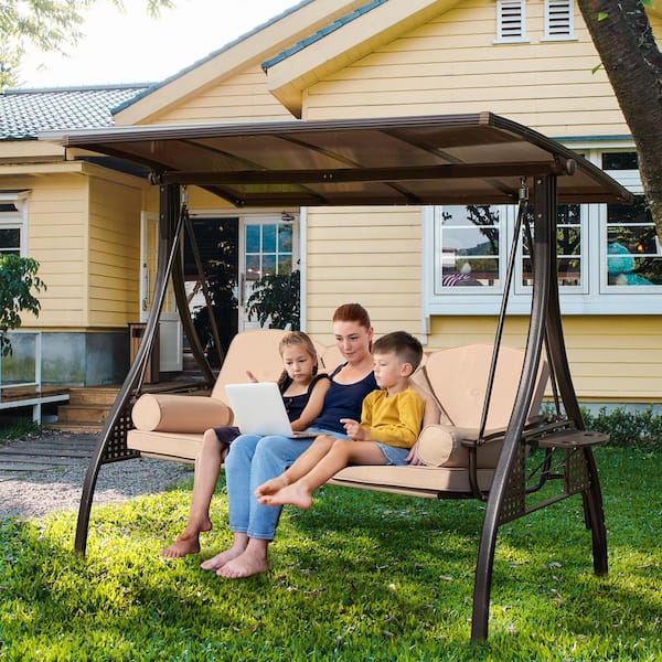 3-Seat Metal Patio Swing with Adjustable Hardtop, 3 in 1