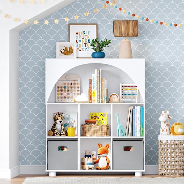 RiverRidge Home Kids Curve Appeal 35 in. Wide 6 Cubby Bookcase with 2-Piece Gray Bins