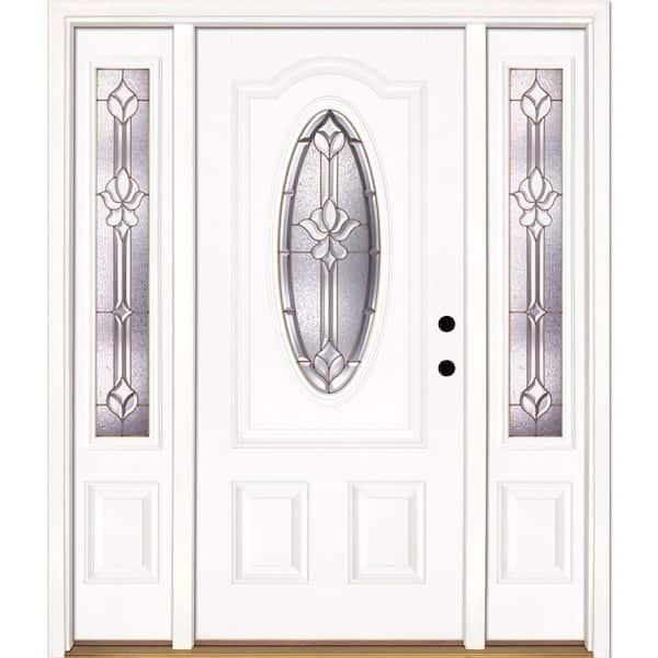 Feather River Doors 63.5 in. x 81.625 in. Medina Brass 3/4 Oval Lite Unfinished Smooth Left-Hand Fiberglass Prehung Front Door w/Sidelites