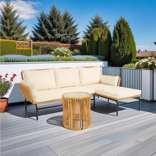 Unbranded Modern Patio Furniture 3-Piece Wicker Outdoor Sectional Set, with Thick Cushions, Natural Beige for Porch, Balcony