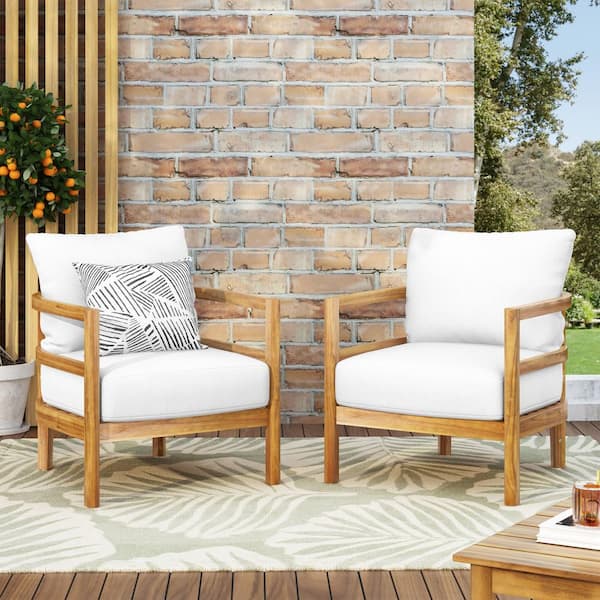 2 Pieces Acacia Wood Outdoor Lounge Chair with White Cushions Patio Arm Chair for Porch, Garden, Backyard, Balcony, Teak