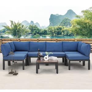 Black 7-Piece Metal Patio Sectional Conversation Set with Blue Cushions