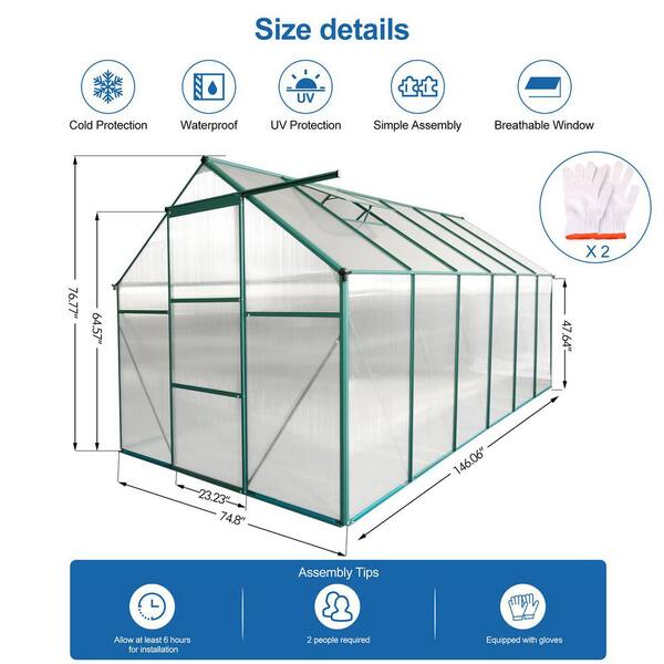 Unbranded - 74.8 in. W x 146.06 in. D x 76.77 in. H Green Aluminum Outdoor Patio Greenhouse, Expand Your Gardening Space