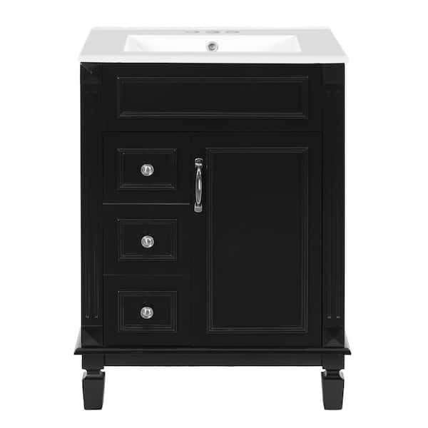 24 in. W Single Sink Freestanding Black Bath Vanity with White Ceramic Top and 2 Drawers on the Left, Unassembled