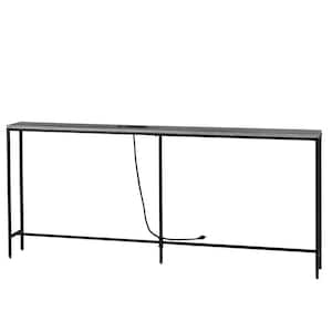 70.9 in. Extra Large Gray Rectangle MDF Console Table with 2 Power Outlets and USB Ports, Metal Frame