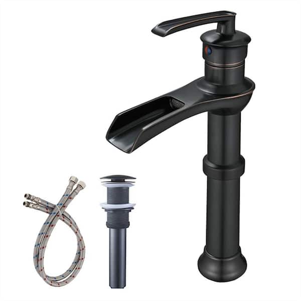 FLG Single Handle Single Hole Waterfall Bathroom Vessel Sink Faucet with Pop-Up Drain Assembly Kit in Oil Rubbed Bronze