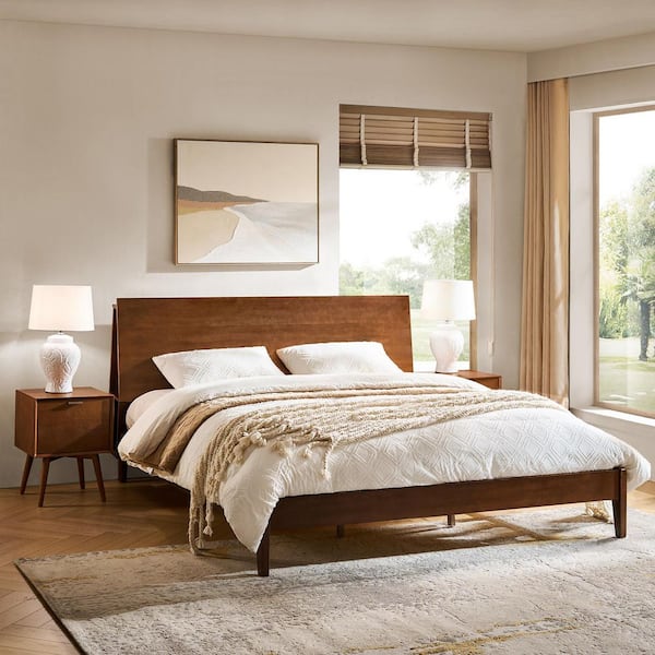 Michigan Acorn Mid-century Modern Bedroom Set with King Platform Bed and 2 Nighstands