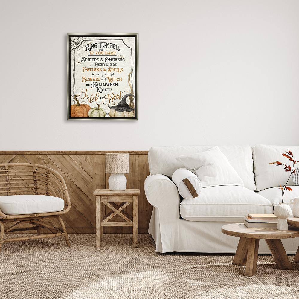 Stupell Industries Vintage Trick or Treat Sign Holiday Painting Gray Floater Framed Canvas Art Print Wall Art, 25 x 31