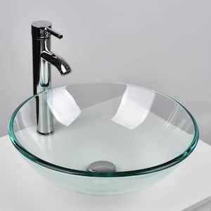 Clear Glass Round Vessel Sink with Faucet Pop Up Drain Set