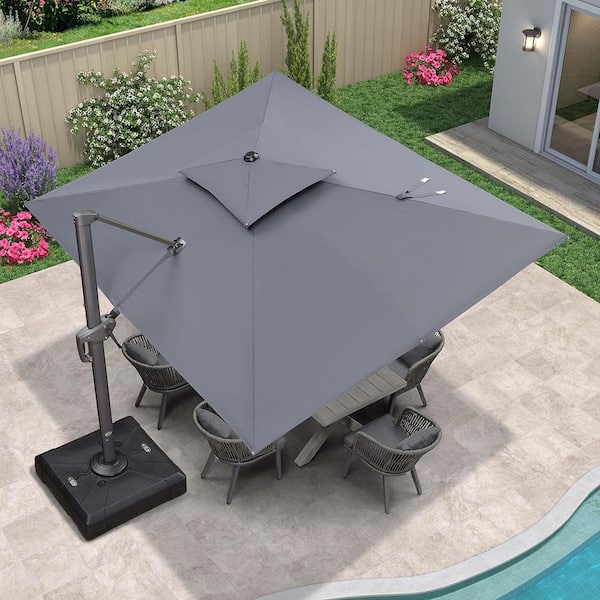 PURPLE LEAF 9 ft. x 12 ft. 2-Tier Aluminum Cantilever 360° Rotation Patio Umbrella with Base, Gray