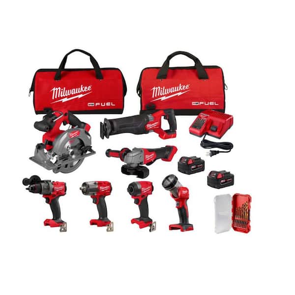 M18 FUEL 18V Brushless Cordless 7-Tool Combo Kit w/ (2) 5. 0Ah Batteries, Charger, 2 Bags with SHOCKWAVE 15-Pc Bit Set