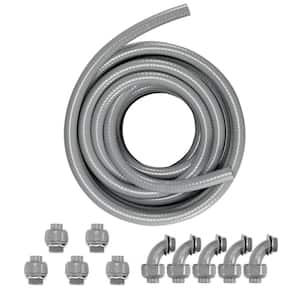 1/2 in. Flexible Electrical Conduit, 100 ft. PVC Liquid-Tight Non-Metallic, 5 Straight and 5 90° Connectors, IP65