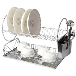 J&V Textiles 23 in. Chrome Fresh Stainless Steel 2-Tier Dish Rack with Utensil Holder and Cutting Board Holder
