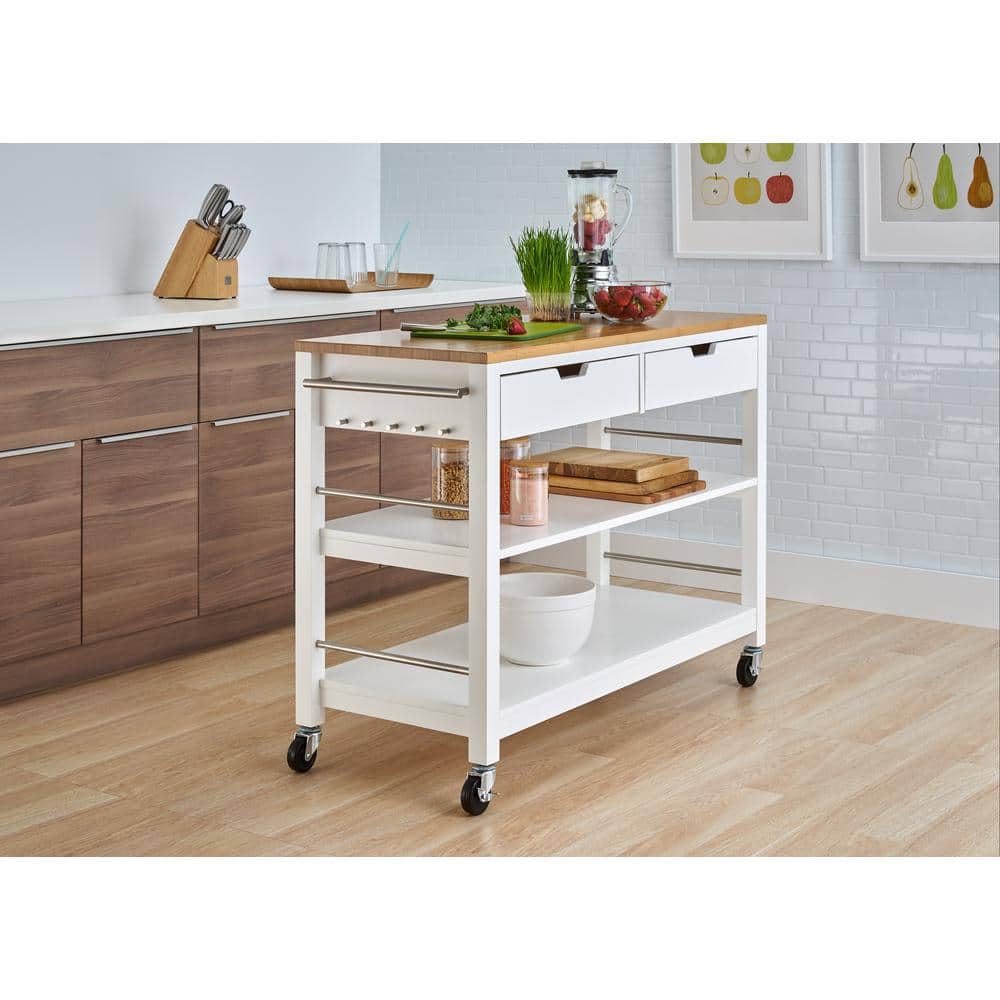 Sleek 48" White Rubberwood Kitchen Island with Stainless Steel Accents