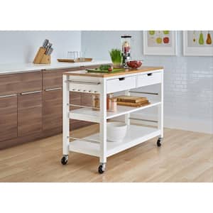 48 in. White Bamboo Kitchen Island with Drawers