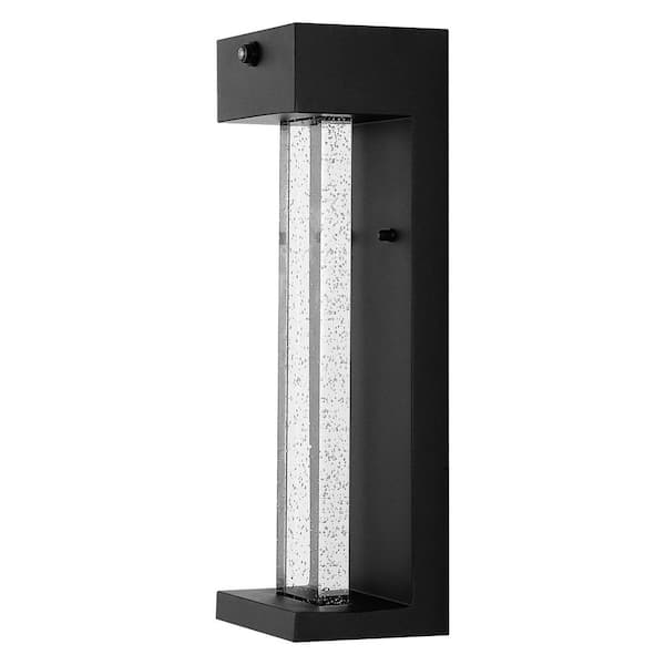 Miranda 5.13 in. Black Hardwired Outdoor Lantern Sconce Iron/Seeded Glass w/Dusk-to-Dawn Sensor Integrated LED 1-Light
