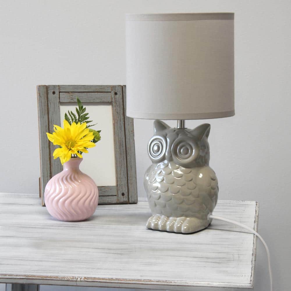 12.8" Gray Ceramic Owl Bedside Lamp with Fabric Shade