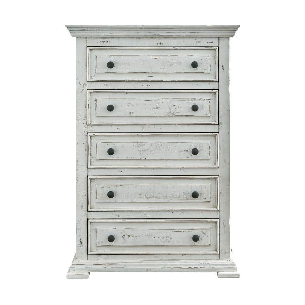 Ruma White 5-Drawer Rustic Pine Wood Chest