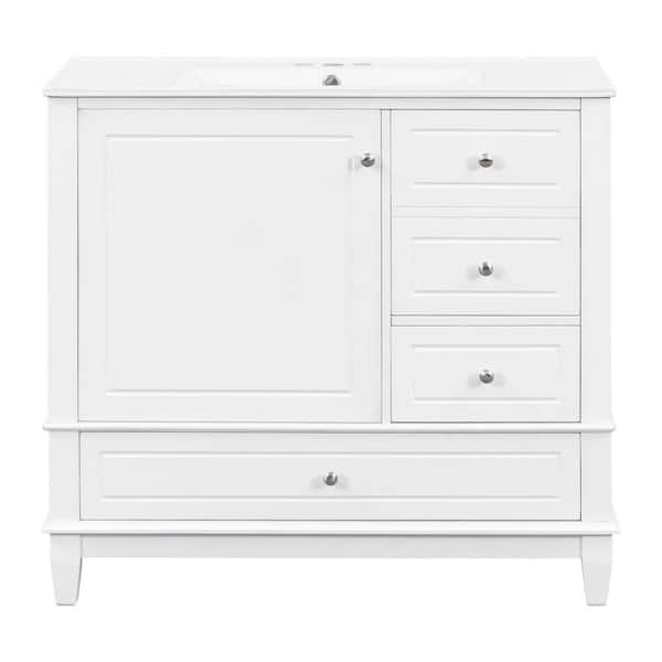 36 in. Single Sink Freestanding White Bath Vanity with White Ceramic Top, 3 Drawers, Soft Close Doors, Unassembled