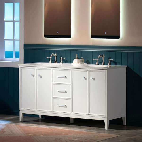 61 in. W x 22 in. D Double Ceramic Sink Freestanding Bath Vanity in White with Carrara White Engineered Stone Vanity Top