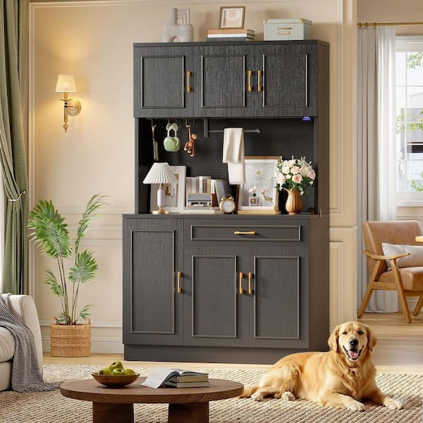 Farmhouse Black Manufactured Wood Buffet with Hutch, Power Outlet, LED Lighting and Adjustable Shelves