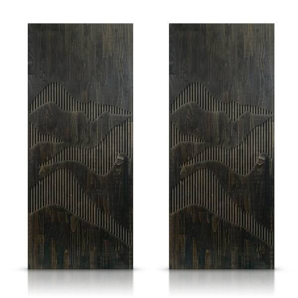 CALHOME 84 in. x 80 in. Hollow Core Charcoal Black Stained Pine Wood Interior Double Sliding Closet Doors
