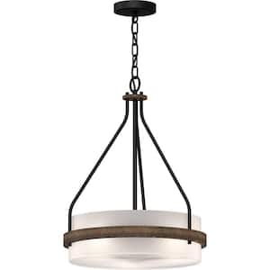 Emery 3-Light Walnut and Black Indoor Mini Hanging Chandelier with Frosted Glass Drum