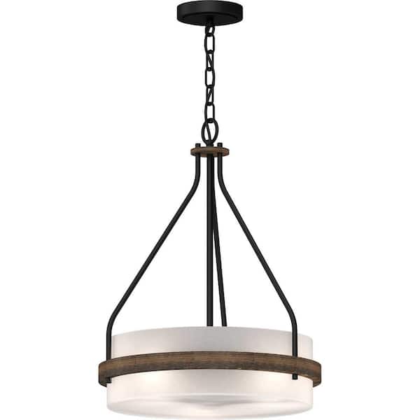 Volume Lighting Emery 3-Light Walnut and Black Indoor Mini Hanging Chandelier with Frosted Glass Drum