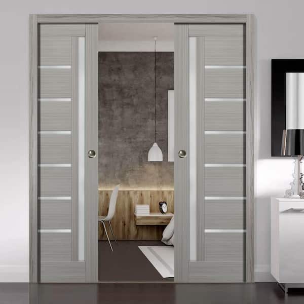36 in. x 96 in. Single Panel Gray Solid MDF Sliding Door with Double Pocket Hardware