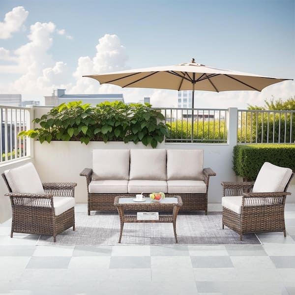 Gymojoy StLouis Brown 4-Piece Wicker Seactional Sofa Set Outdoor lounge chair Set with CusionGuard Beige Cushions