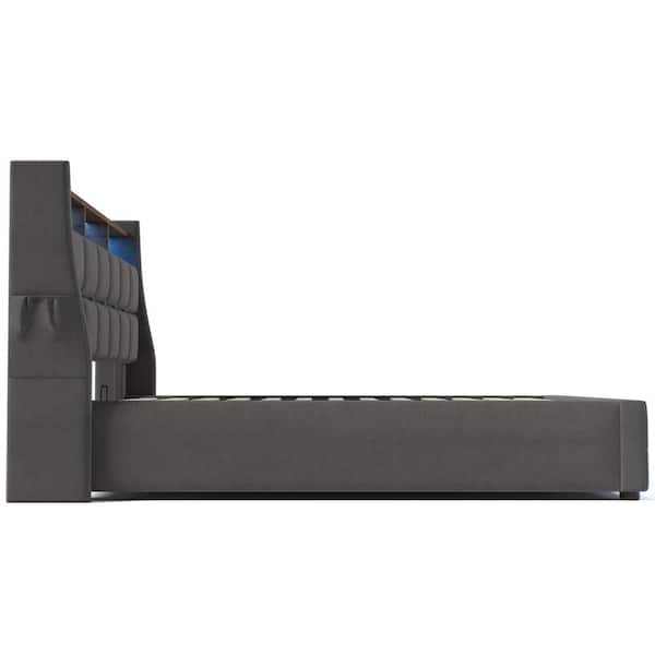 Gray Wood Frame Full Linen Platform Bed with LED Lights, Hydraulic Storage, USB Charging, Storage Headboard, Pockets