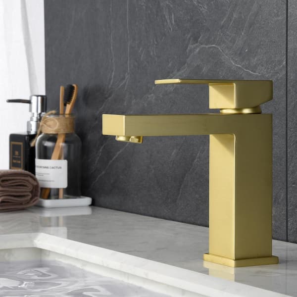 Single Handle Single Hole Bathroom Faucet with Water Supply Lines in Brushed Gold - Short