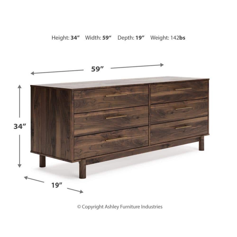 Dark Brown 6-Drawer Walnut Wood Dresser with Goldtone Handles