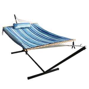 12 ft. Quilted 2-Person Hammock Bed with Stand and Detachable Pillow, Blue Stripes