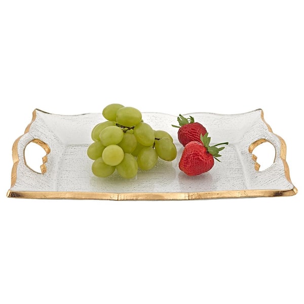 Badash Crystal 7 in. x 11 in. Gold Hand Decorated Leaf Scalloped Edge Vanity or Snack Tray With Cut Out Handles