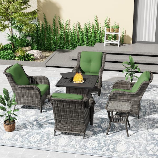 Gardenbee 6-Piece Patio Wicker Outdoor Lounge Chair Set with Green Cushions, Rectangular Fire Pit Table and Side Table