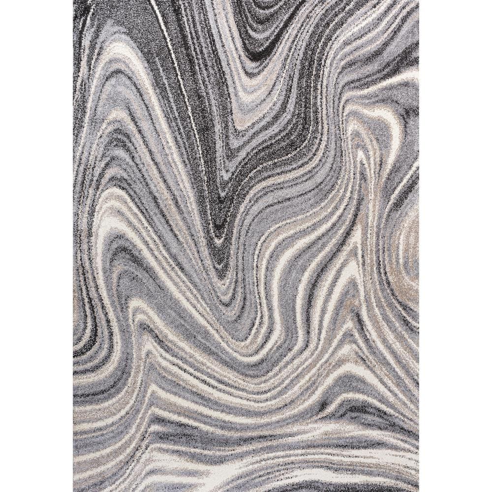 Eleni Charcoal and Cream Abstract Marble 3 x 5 Synthetic Area Rug
