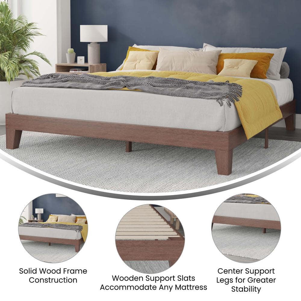 King Walnut Wooden Platform Bed with Slats and Headboard