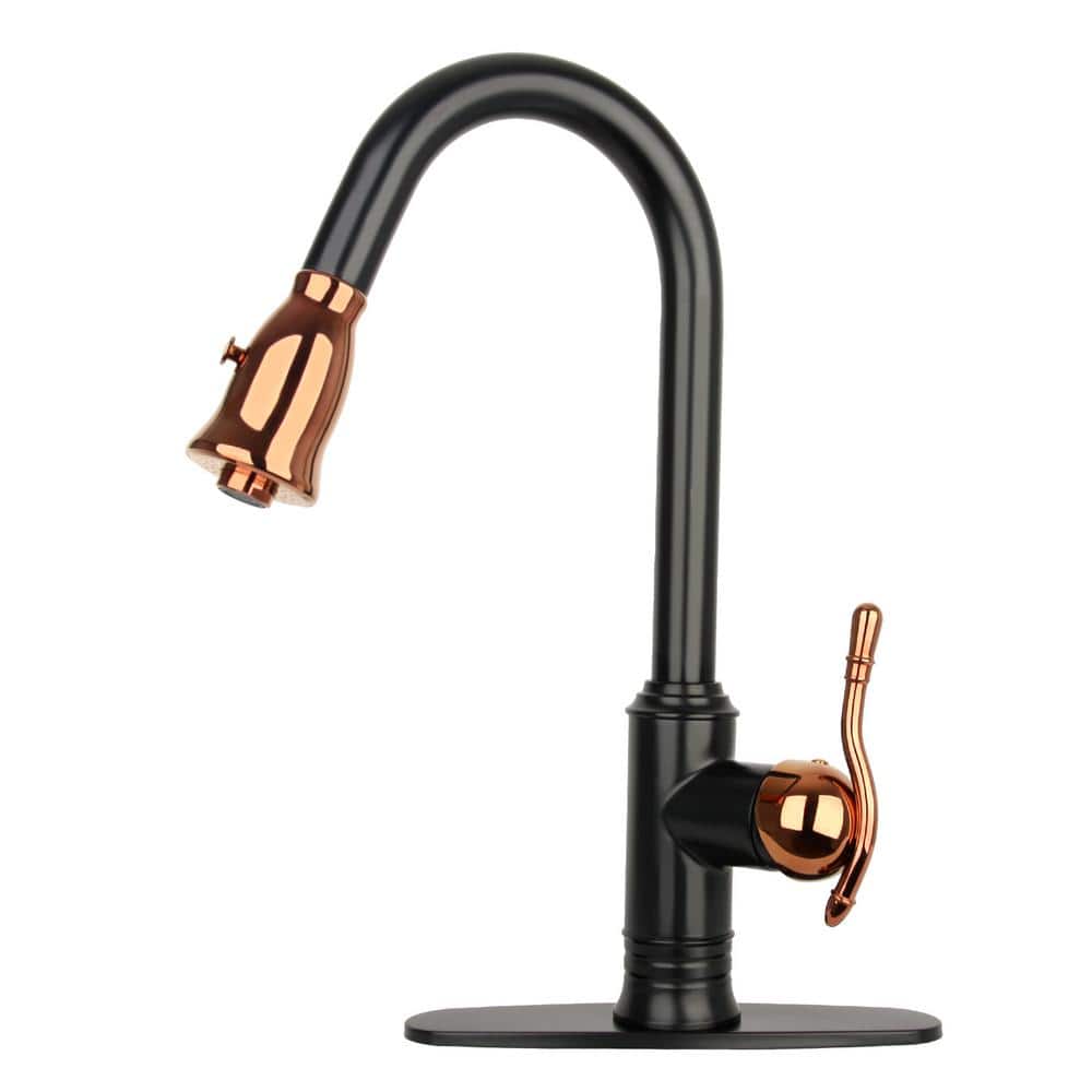 Single Handle Pull Down Sprayer Kitchen Faucet with Deck Plate in Matte Bla
