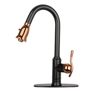 Single Handle Pull Down Sprayer Kitchen Faucet with Deck Plate in Matte Black and Rose Gold Finish