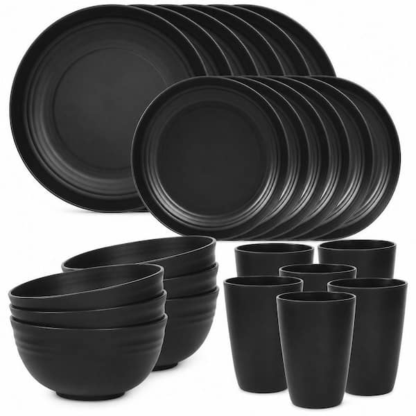 24-Piece Black Plastic Dinnerware Set (Service for 6), Durable and Kid-Friendly, Dishwasher and Microwave Safe