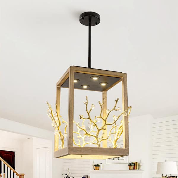 12-Watt 4-Light Modern Black LED Crystal Pendant Light Kitchen Island Chandelier with Faux Wood Cage Frame