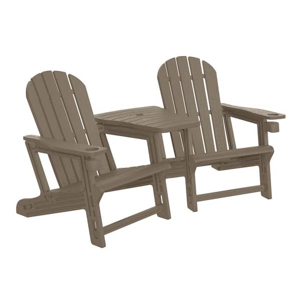 Coastline Weathered Wood Outdoor Patio All Weather Poly Plastic Adirondack Chair w/Connecting Tray & Cup Holder Set of 2